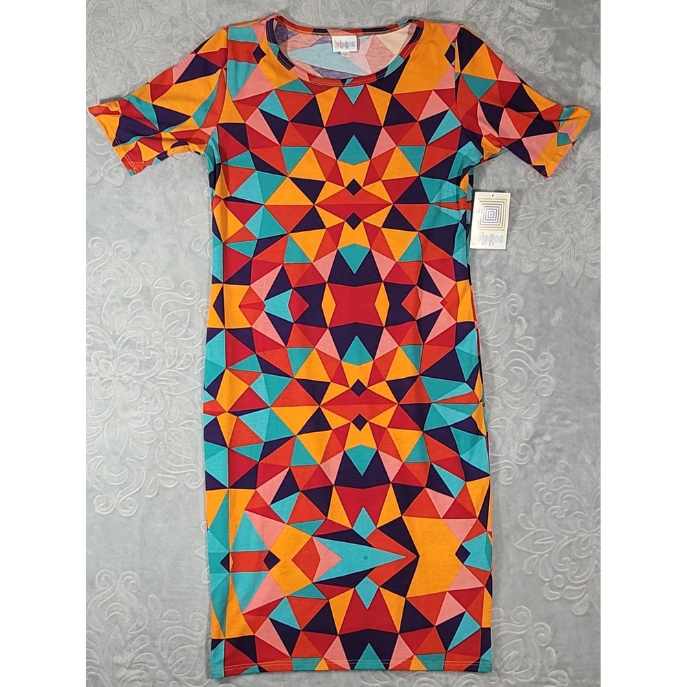 LuLaRoe Women's Julia Dress Sheath Multicolor Size Medium Pull On Short Sleeve